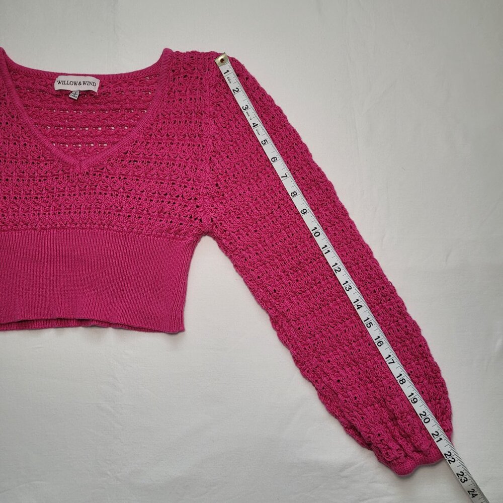 Willow & Wind Knit Cropped V-Neck Sweater Fuchsia Crochet Small Boho - Picture 9 of 10